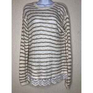 Poof stripped sweater with crochet hem, Medium, tan and cream